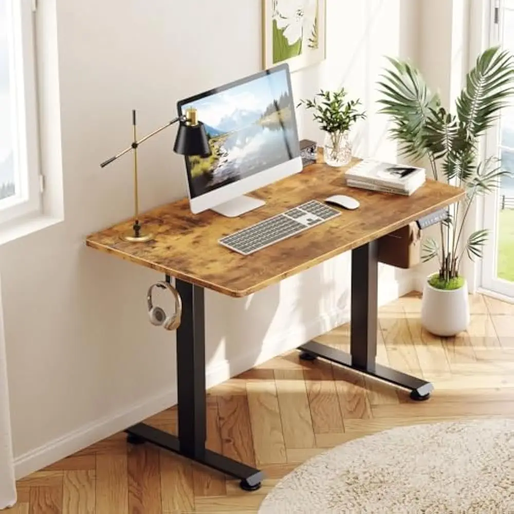 

39.4" Small Electric Standing Desk, Height Adjustable Sit Stand Up, Wood Desktop, Work Home Office Computer PC Desk