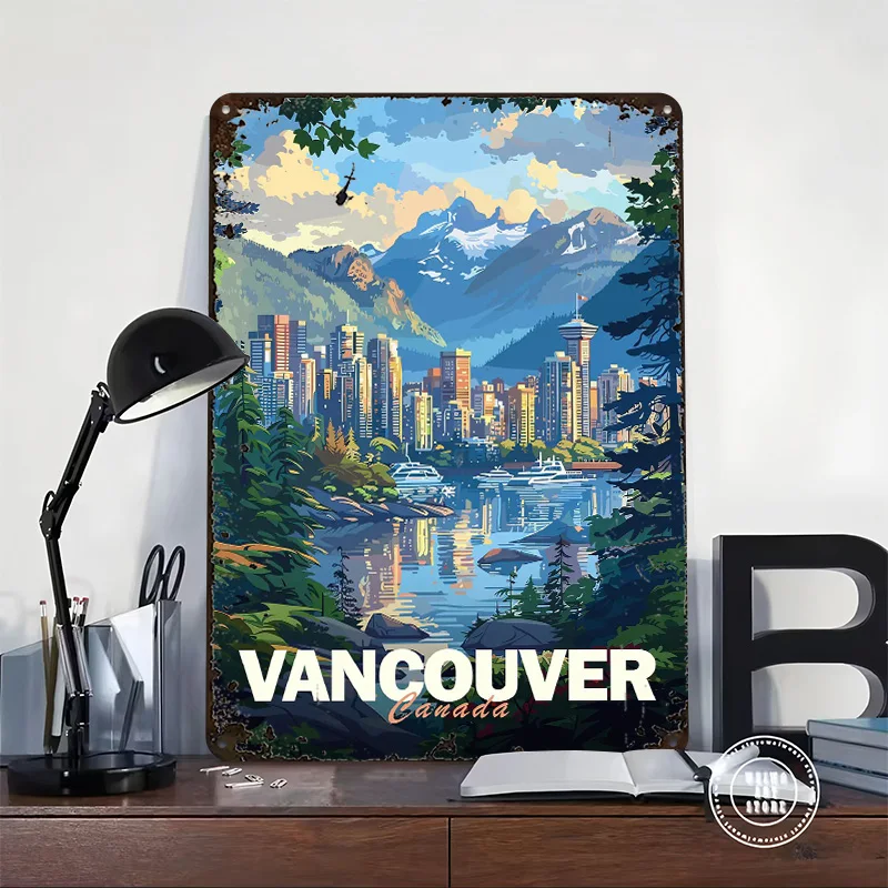 فانكوفر سيتي سكيب ملصق معدني علامات القصدير ديكور المرآب في المنزل علامة معدنية مخصصة للجدار ديكور فني عناصر ديكور المنزل