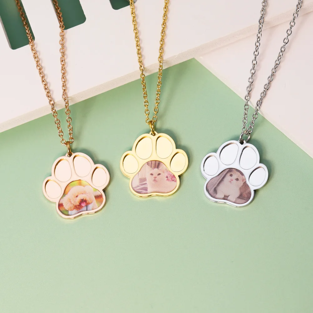 RoRo Stainless Steel Paw Photo Pendant Custom Personalized Pet Photo Necklace Chain Pet Animal Memory Jewelry  Meaningful Gift