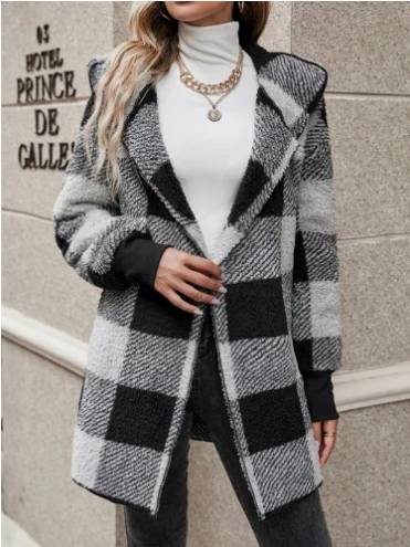 

Loose Plaid Woolen Cardigan Jacket Autumn and Winter Hooded Plaid Warm Top Mid To Long Plush Cardigan Jacket