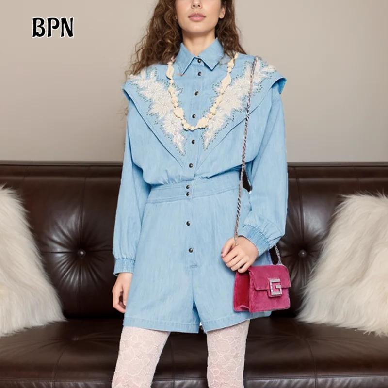 

BPN Casual Patchwork Pearls Playsuits For Women Lapel Long Sleeve High Wiast Elegant Single Breasted Denim Playsuit Female New