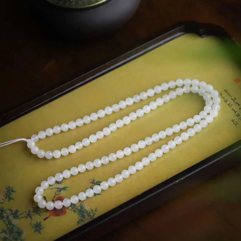 Natural Hetian Qinghai Material Yangzhi Grade White Jade 108 Bead Chain Dual-Use Multi-Circle Bracelet