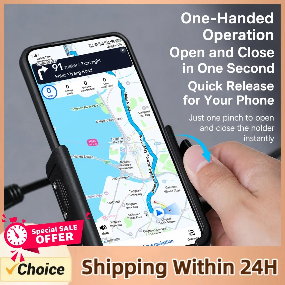 Aluminum Motorcycle Phone Mount Handlebar Mounted Motorcycle Cell Phone Holder with 360 Degree Rotation for 5.4-7.2 Inch Phones