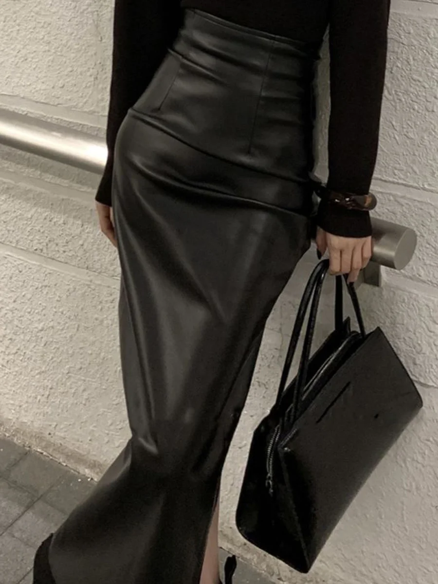 

Корейская кожаная юбка средней длины в стиле ретро с запахом и высокой талией для похудения Ele, женская осенне-зимняя новинка Faion