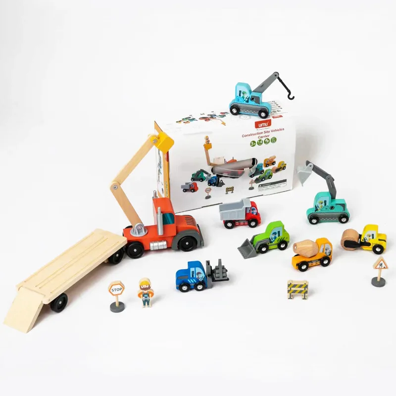 Vehículos de sitio de construcción, Carrier Boys Engineering Car Model Excavating Earth Roller Lifting Truck, bloques de construcción, juguetes de madera