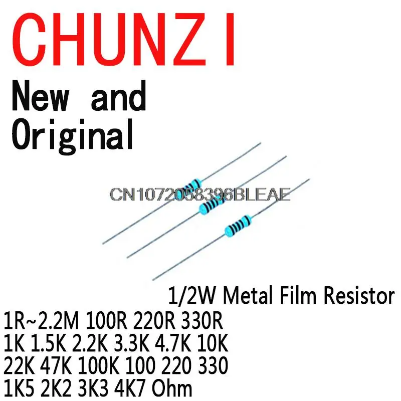 50PCS 1/2W Metal Film Resistor 1R~2.2M 100R 220R 330R 1K 1.5K 2.2K 3.3K 4.7K 10K 22K 47K 100K 100 220 330 1K5 2K2 3K3 4K7 Ohm 