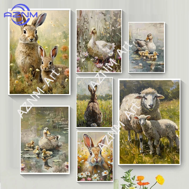 Niedliches Retro-Landhaus Osterhase Schaf Ente Bauernhoftier Kunstposter Leinwanddruck Homestay Schlafzimmer Wanddekoration Gemälde