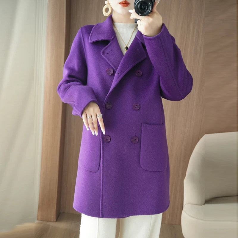 

Осень-зима, новое двустороннее женское пальто из 100% чистой шерсти, высококачественная миниатюрная повседневная фиолетовая шерстяная куртка средней длины
