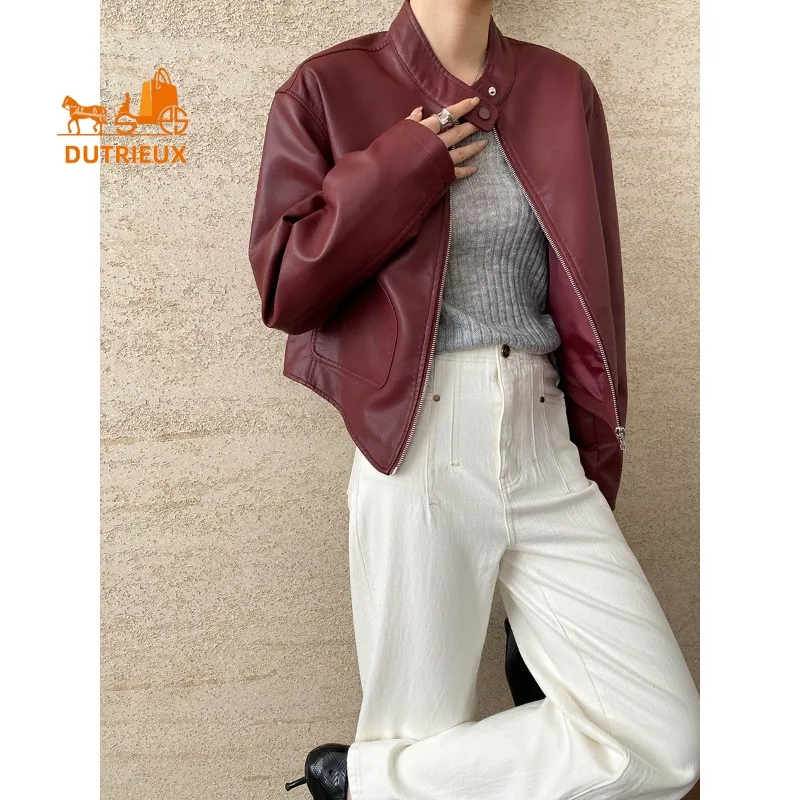 2025 New Spring Autumn Women's Red Motorcycle Real Leather Jacket, 100% Genuine Sheepskin, Simple and Casual Coat for Women