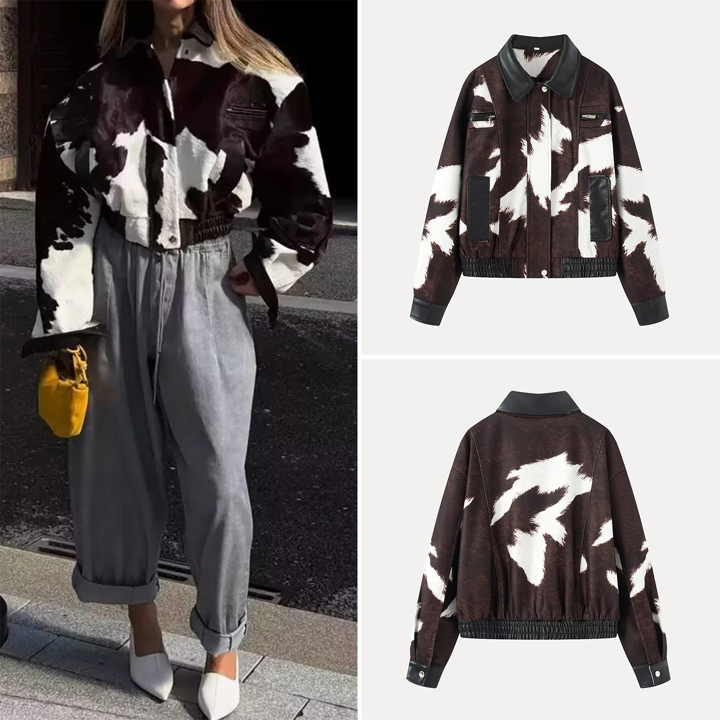 

Новинка! Женское пальто в американском уличном стиле с коровьим принтом, осень 2025, приталенное, с длинными рукавами, на пуговицах.