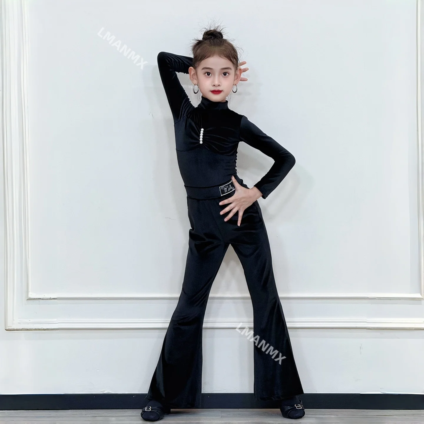 

Новинка 2025, платье для латинских танцев, детское платье для выступлений, брюки с разрезом, утолщенные осенне-зимние брюки с длинными рукавами