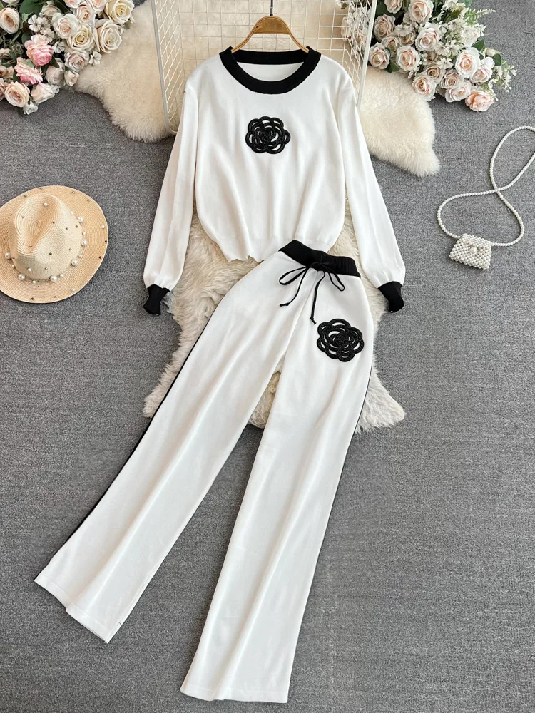 Women\'s Knitted Sets Tracksuit Pants Suits Autumn New Long Sleeve Flower Pullover Sweater + Wide Leg Pants Casual Two-piece Sets