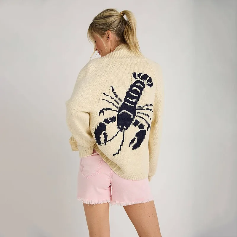 

Women's Casual Knit Cardigan Winter New Single Breasted With Pockets Long Sleeve Shrimp Print Suitable For Daily & Office Wear