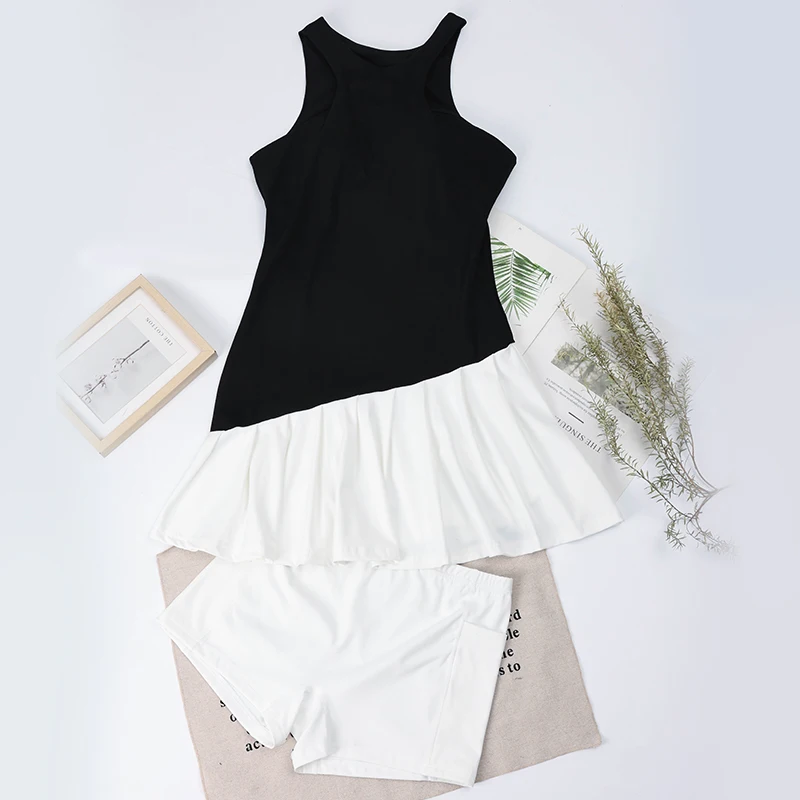 男性と女性のためのノースリーブのプリーツスカート,黒いパッチワーク,ゴルフウェア,テニスドレス,スポーツ,速乾性,バドミントントレーニングウェア