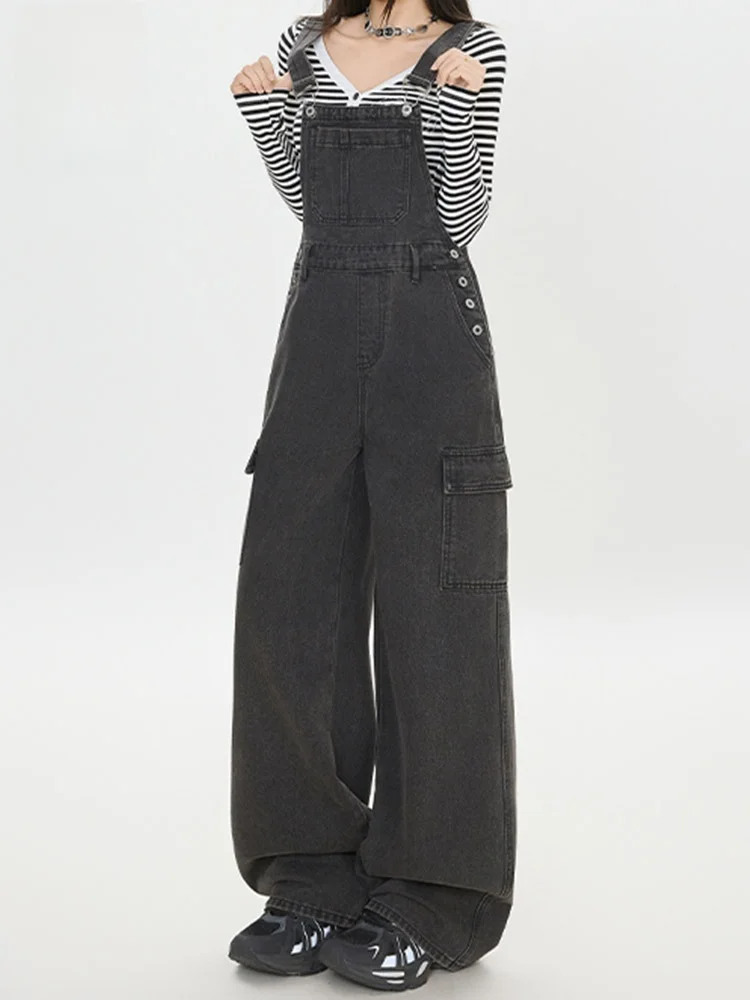

American Sle Denim Overalls Autumn Winter New Loose Slim Wide Leg Workwear Jumpsuit High Waist Long Pants Commute Sle