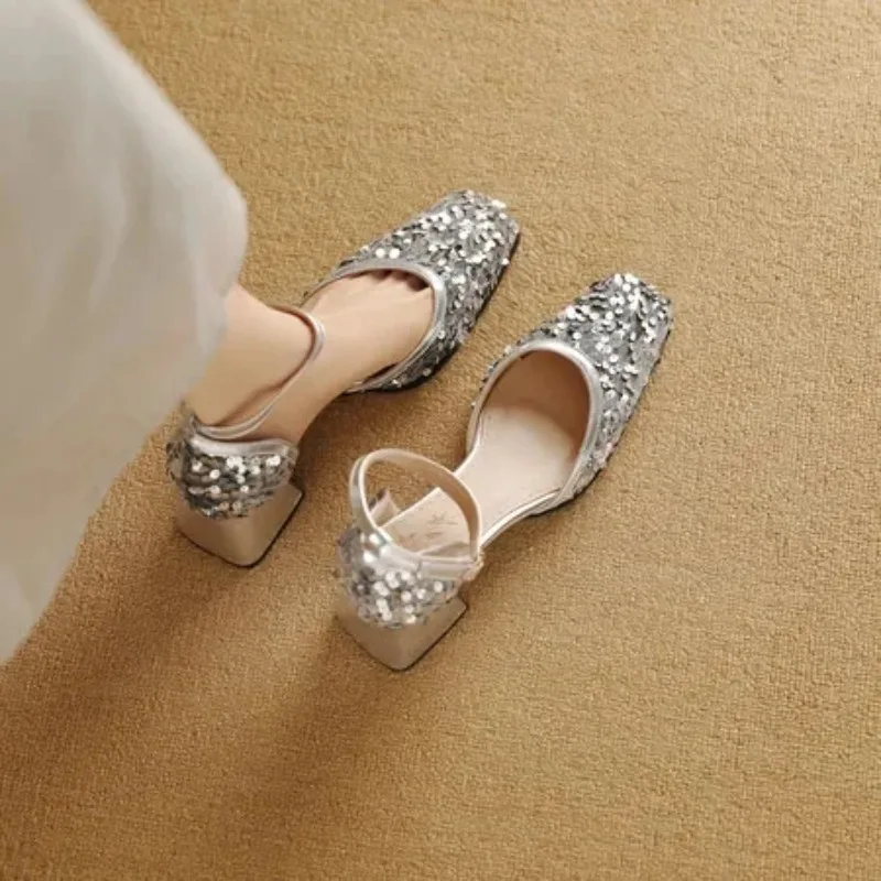 

Platform Glitter Silver Gold Ankle Strap Pumps Women Wedding Party Shoes Bridal Ladies High-heels NightClub Sequin Shoes Size 43