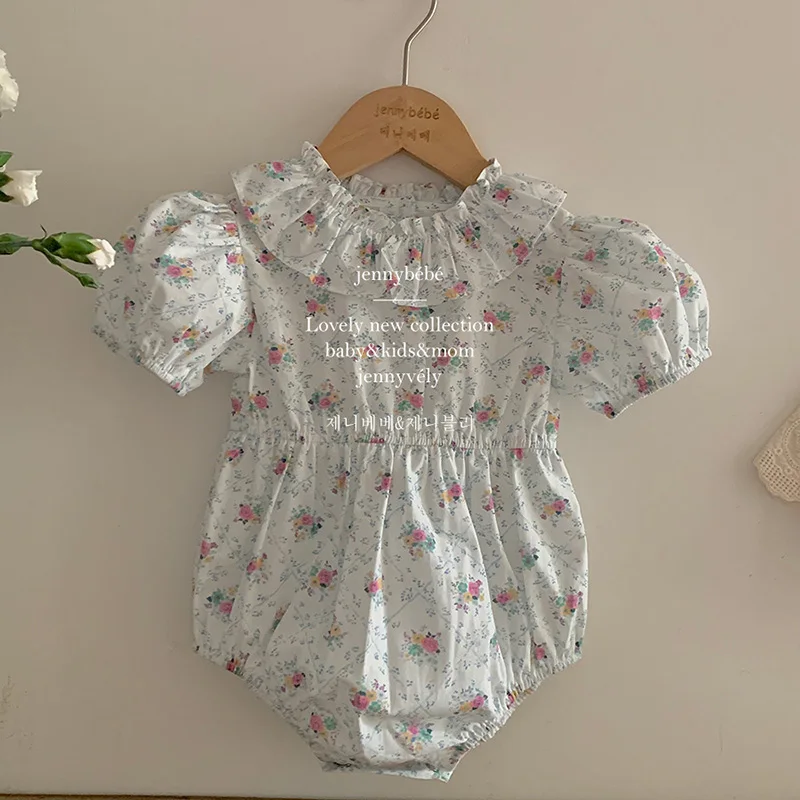 Gaun biru anak perempuan motif bunga manis baju monyet musim panas bayi lengan Puff pendek Bodysuit katun baju anak-anak