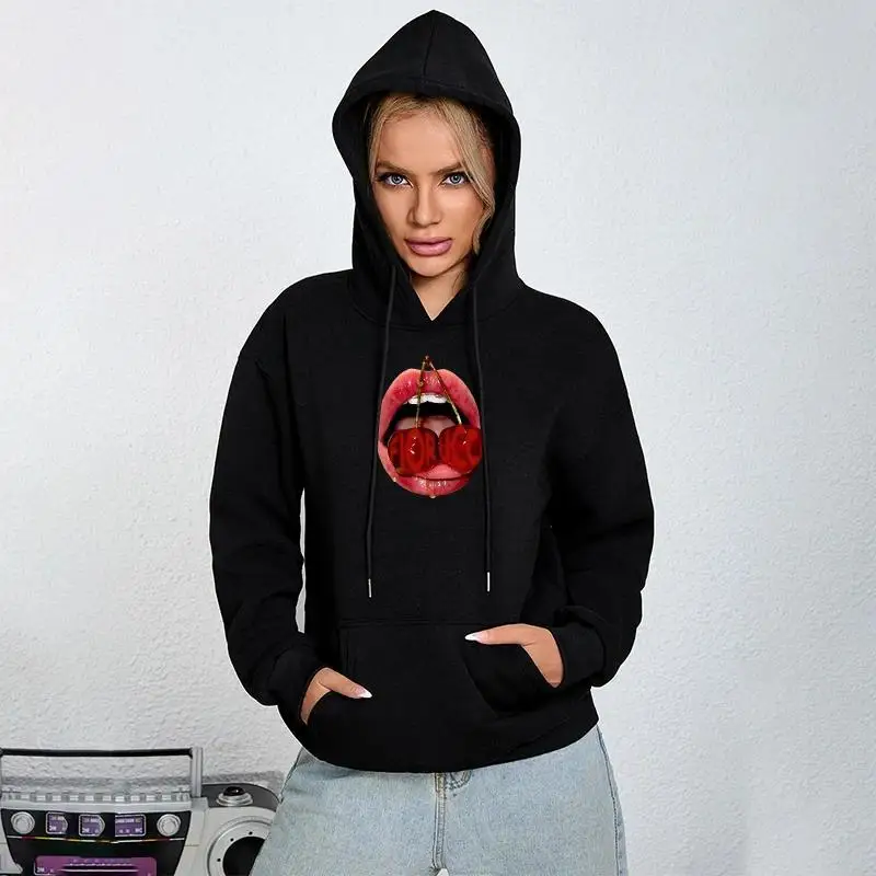 

Lip Print Hoodie, Drawstring Fashion Hooded Sweatshirt For Winter & Fall, Women's Clothing