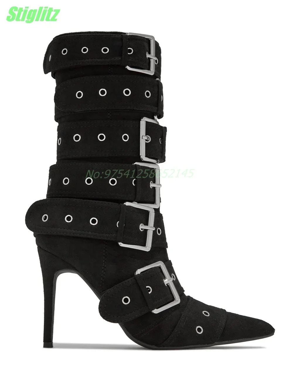 Belt Buckle Sexy Boots Punk Metal Decoration Pointed Toe Thin High Heel Yellowish Black Women\'s Boots Canvas Spring Daily Shoes