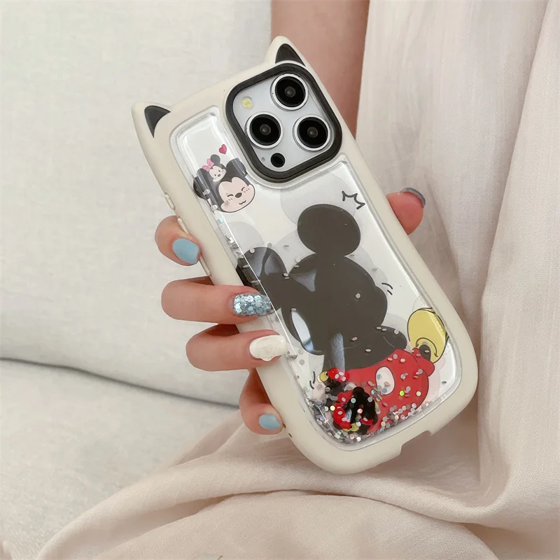 Zabawne etui na telefon Mickey Minnie Quicksand Bling Glitter do iPhone'a 15 14 13 12 Pro Max Disney Back Shadow Cat Ears Cover