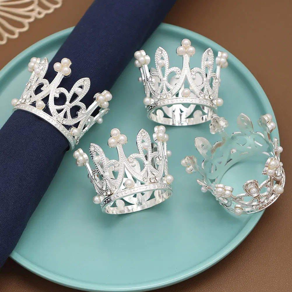 

12 Pcs Napkin Buckle Modern Round Pearls Beaded Crown Table Xmas Decorations Holiday Holder Dining Metal