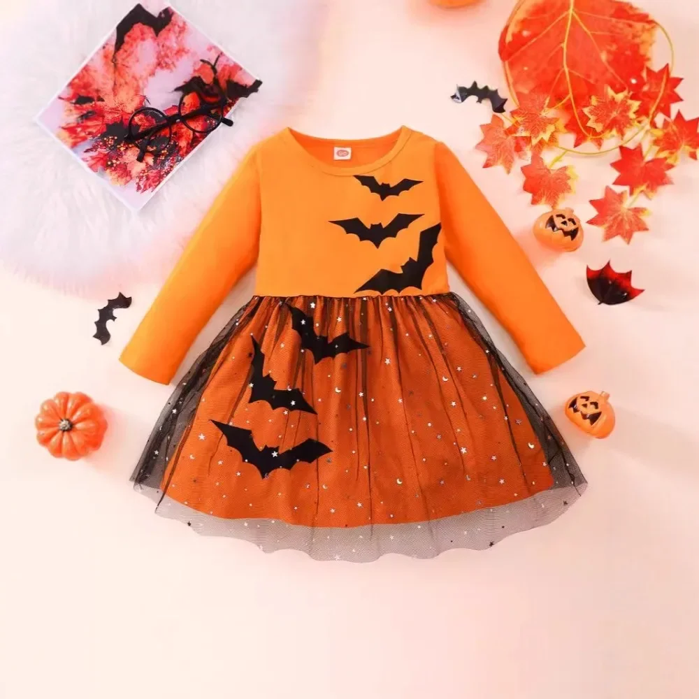 

Autumn New Solid Color Halloween Easter Costume Long Sleeved Lace Mesh Princess Dress for Girls Aged 2-6