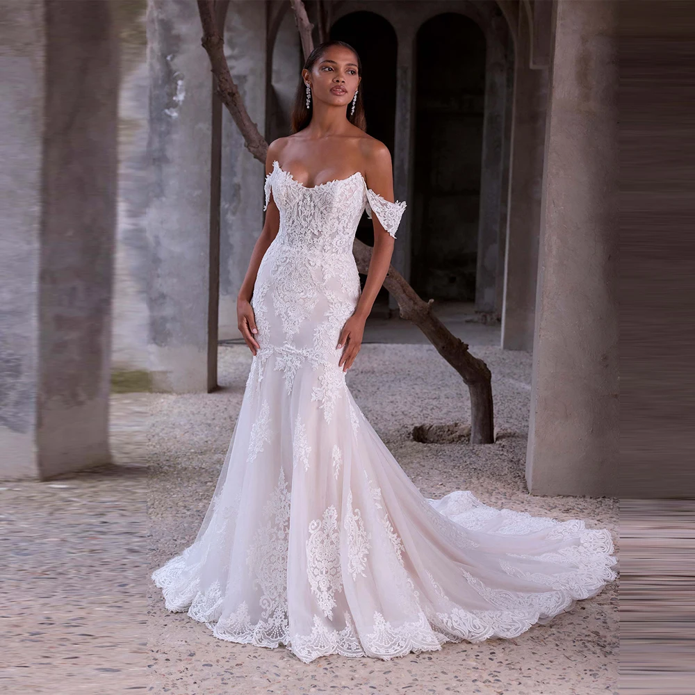 

Gorgeous Mermaid Women Wedding Dresses Off The Shoulder Lace Printing Bridal Gowns Formal Occasion Vestidos De Novias Customized