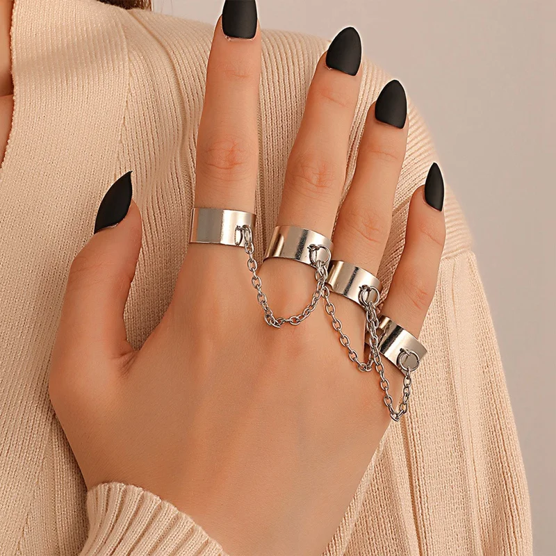 4-Finger Set Ring,Punk Chain Combination Ring, Personality Design The Same Style For Men And Women