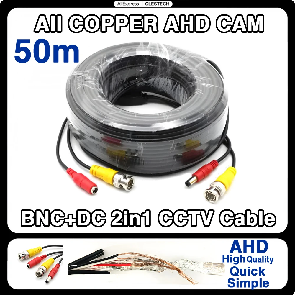 

1m=0.14$ Premium Aluminum Foil Video+Power Cable 50m Overlength All Copper Bnc+Dc 2in1 Ahd Cctv Camera Finished Extension Wire