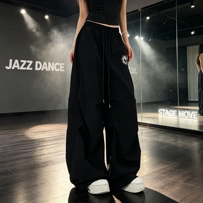 Women S-XL Loose Drawstring Wide Leg Cargo Pants Quick Dry Soft Fashion Casual Trousers for Jazz Dance KPOP Stage Streetwear