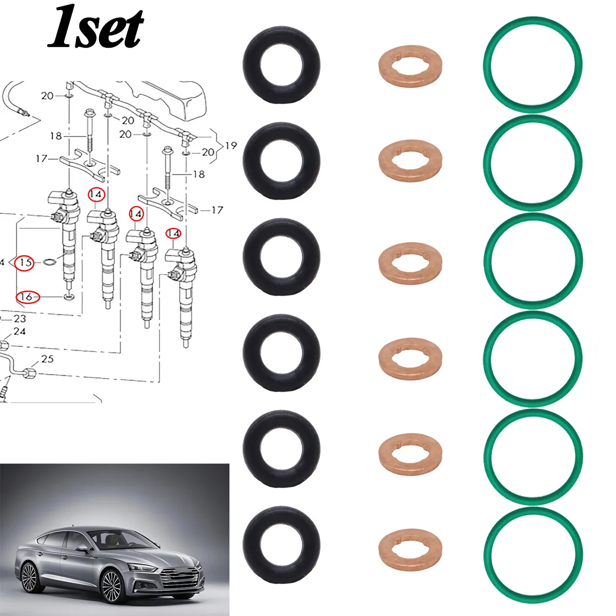 6Pcs For Audi A5 Q3 TT Q2 A6 AllroadFuel Injector Nozzle Copper Gasket O-ring Seal Kit 059130119 059130519 WHT000884 059130277