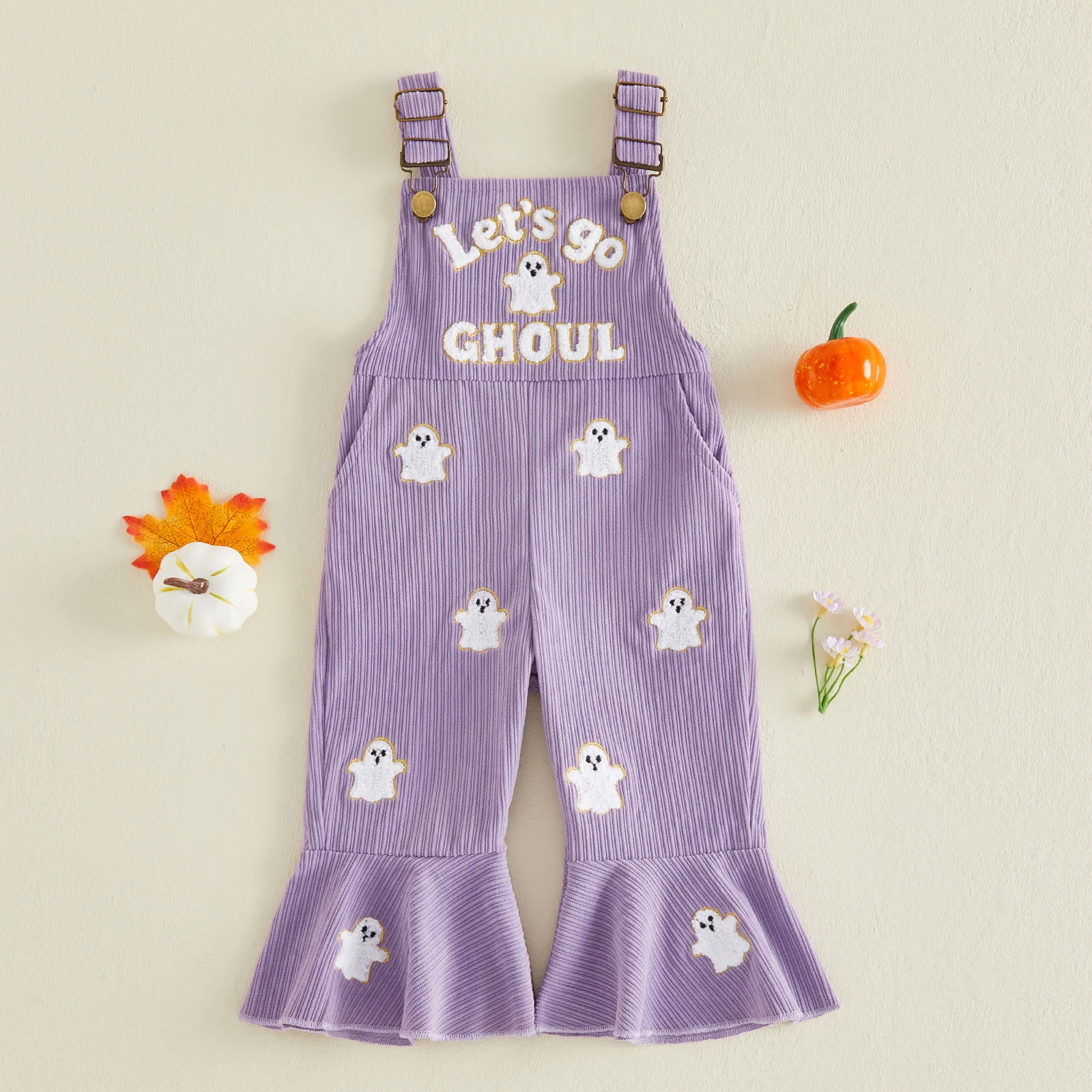 1-5Y Toddler Baby Girls Halloween Jumpsuit Costume Fashion Ghost Embroidery Sleeveless Ribbed Bell Bottoms Kids Overalls