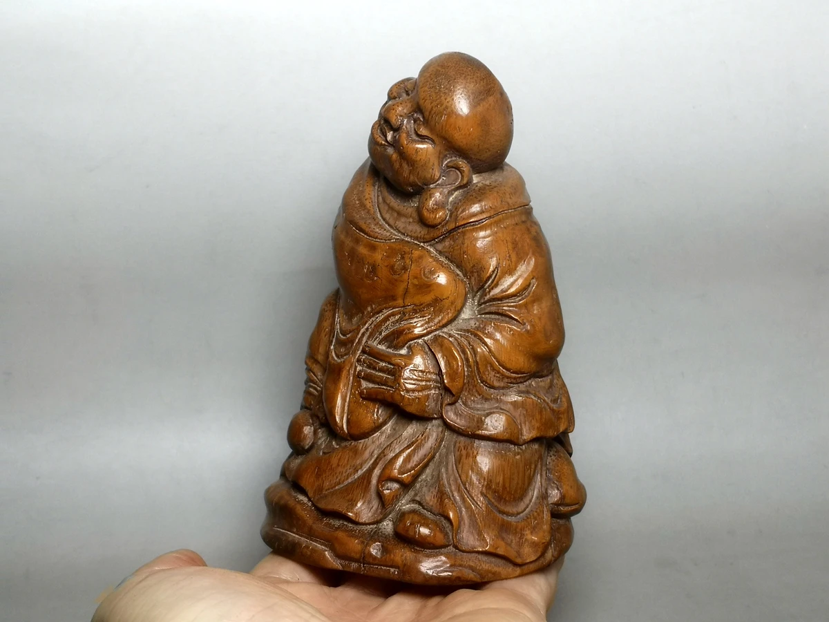 1919 Antique art Size 5 Inch Old  Chinese Folk Inheritance art Carved Bamboo root Luo Hanfo Buddha Buddhism statue Collection