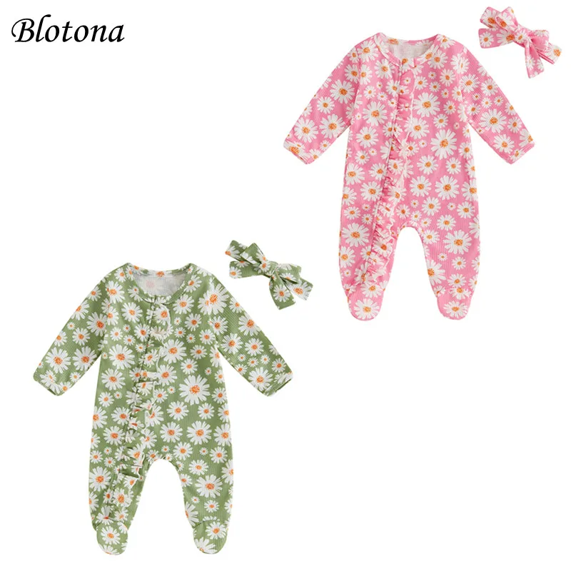 

Blotona Baby Girl Footed Romper Long Sleeve Round Neck Daisy Print Ruffled Full Length Jumpsuit Footies with Headband