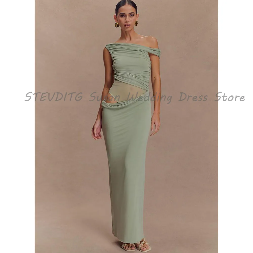

Green Evening Dresses Off The Shoulder Sleeveless High Quality Mermaid Perspective Floor Length Female Gowns Classic Simple