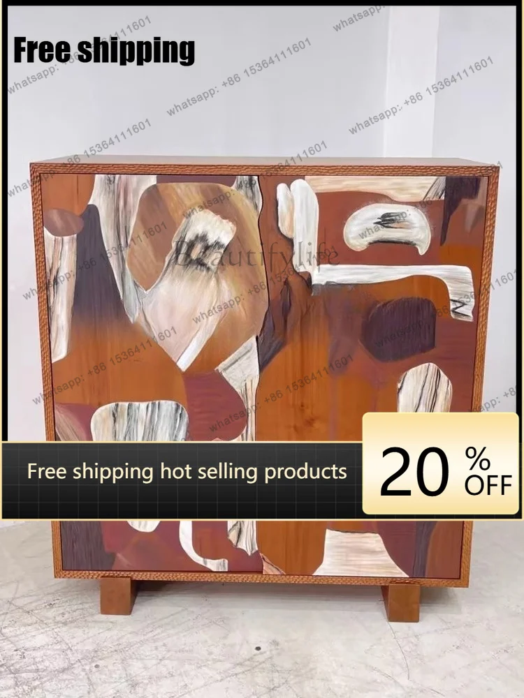 FG Medieval style painting solid wood dining side cabinet surprise quiet wind art painting storage cabinet home foyer entrance
