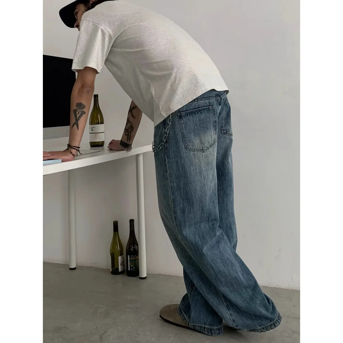 

Мужские джинсы, джинсовые широкие брюки, длина до пола, брюки с высокой талией, свободные повседневные прямые брюки с карманами на пуговицах, осень-зима