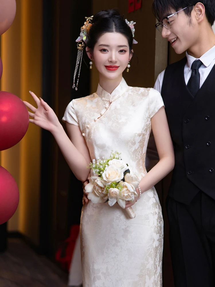 

Свадебное платье цвета шампань в новом китайском стиле, фасон «рыбий хвост», для церемоний и вечерних мероприятий, с коротким рукавом, длинное