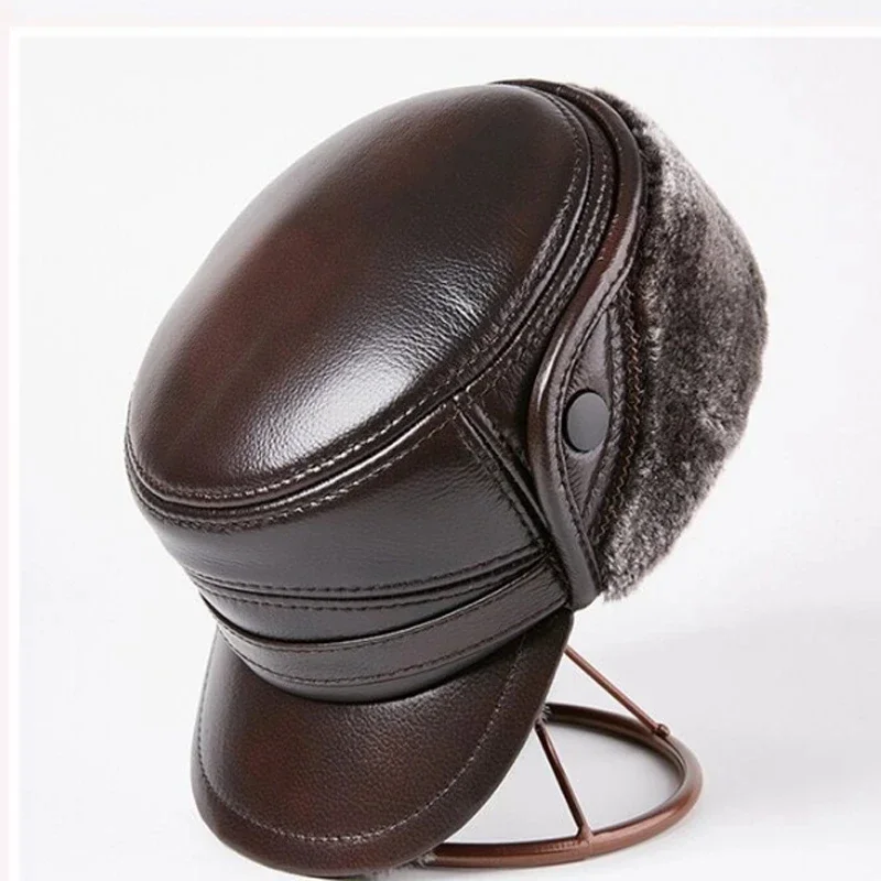 

Winter Men's Genuine Leather Hat Thicken Leather Cowhide Baseball Caps With Warm Dad's Hats Sombrero De Cuero Del Hombre Super