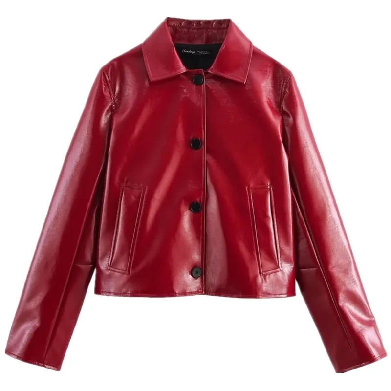 Lente 2025, Dames Faion Leather Lange Sve-kraag Jaet-jas Veelzijdige woon-werkkleding Ele Sle Loose Fit Regula...