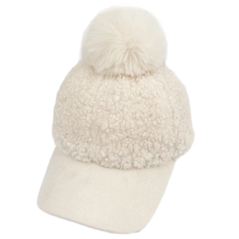 Women Winter Faux Fleece Baseball Peak Cap soft Warm Solid Color Cute Pompom Hip Hop Sunscreen Visor Brim Beanie Hat