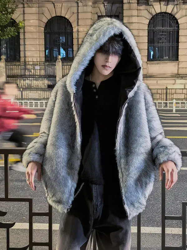 

Men's Double-Sided Winter Coat Fake Snow Fur Jaet High-End Sensation Cool Hooded Cotton Clothes Leather And Fur Inteated
