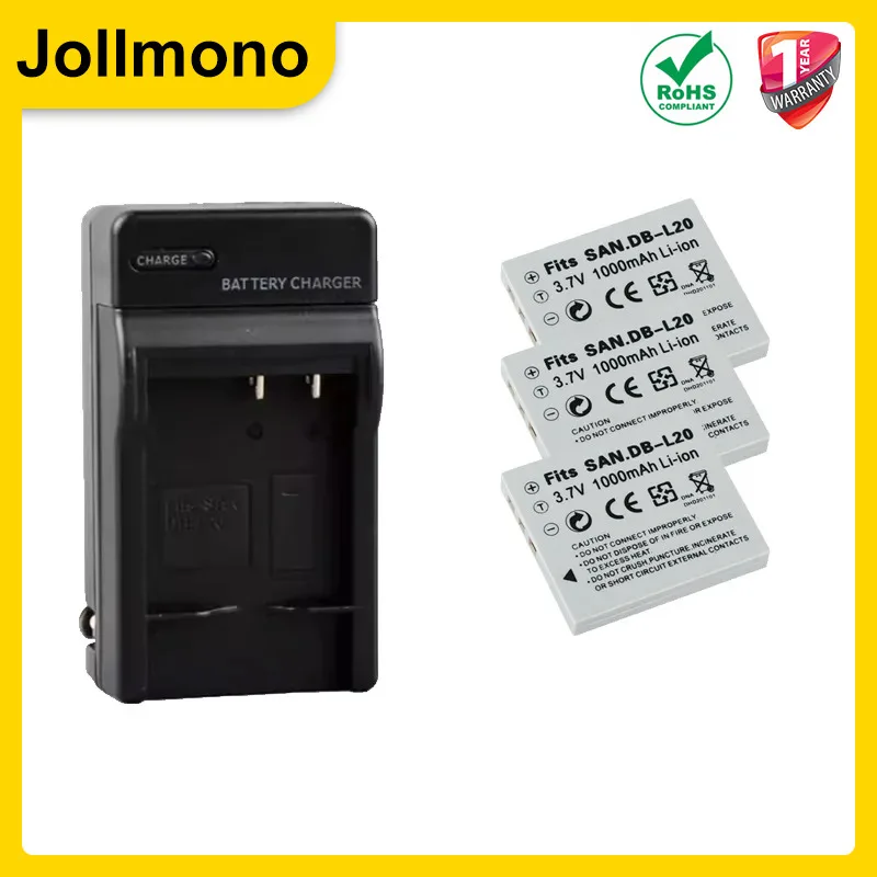 4Pcs DB-L20 DB-L20AU DB-L20A Battery + AC Charger for Sanyo Xacti VPC-C4V CG9 C1 CA6OR CA65 CA8 CA9 CG6 CG65 E1 E2 E6