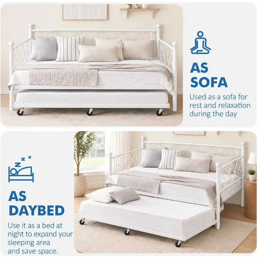 Daybed with Trundle, Heart‑Shaped Daybed with Trundle, Sturdy Metal Sofa Bed, Heavy-Duty Metal Bed Frame Support, for Living Ro view 5