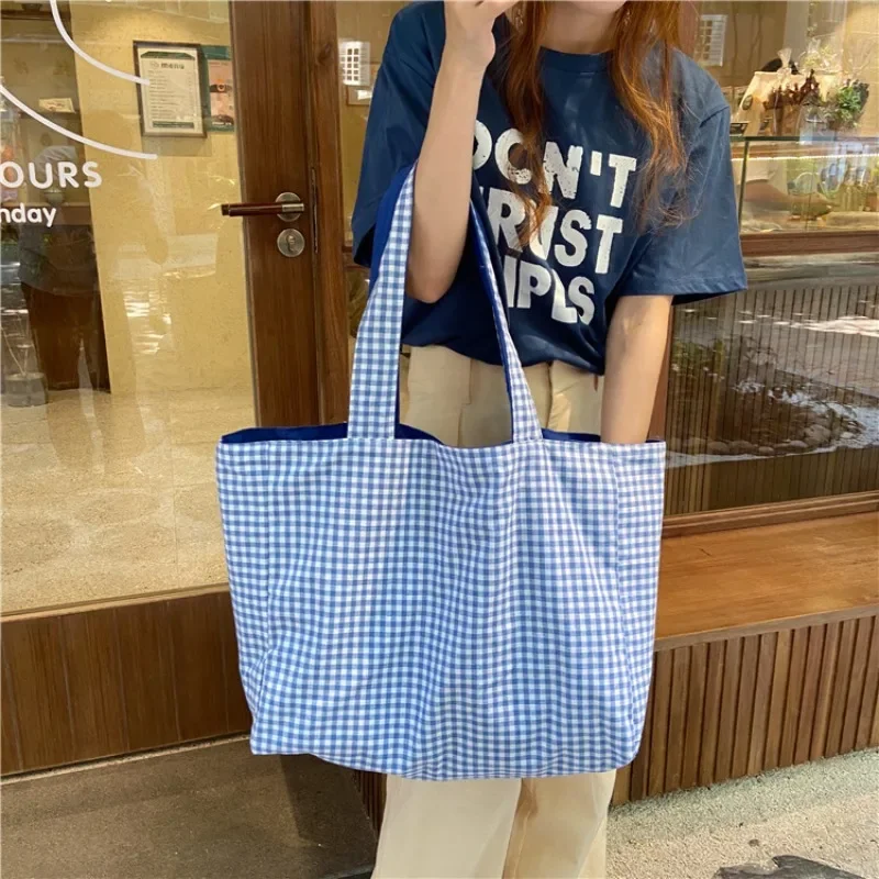 Large Capacity Bag Simple and Fresh Plaid Double-sided Shoulder Bag Student Women's Casual Dual-use Cloth Bag