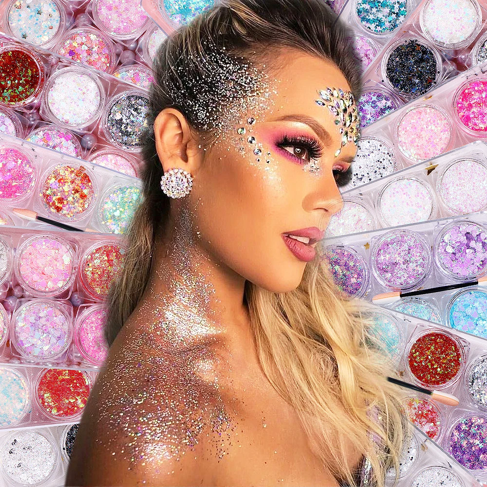 Colorful Glitter Gel for Eyes Hair Body Face Shimmer Diamond Eye Shadow Sequins Gel Cream Flashing Chunky Flakes Makeup Decorati