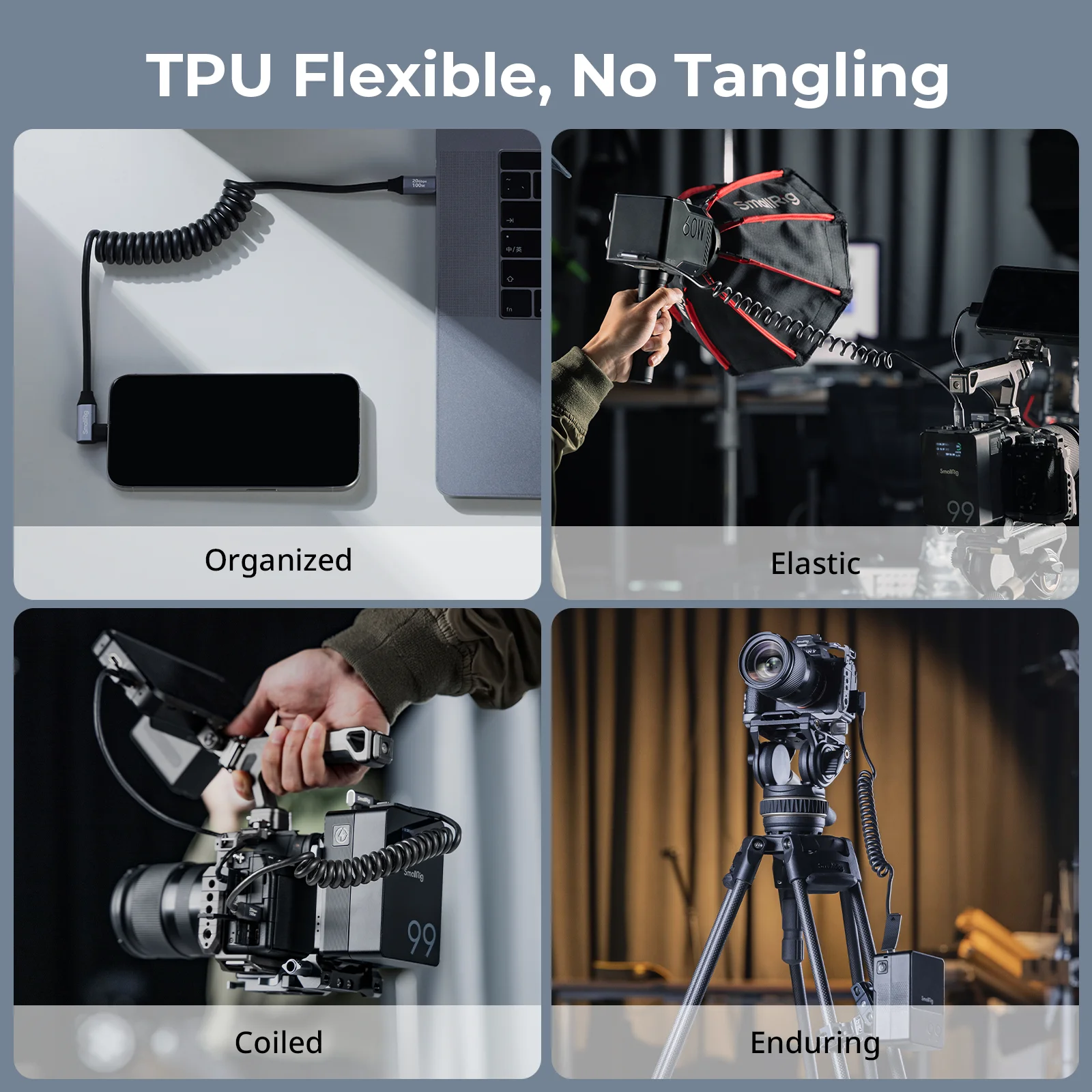 SmallRig USB-C do USB-C Zwijany kabel do transmisji danych Obsługa szybkiego transferu danych 20 Gb/s i PD 100 W Szybkie ładowanie aparatu 4793/4792 — zdjęcie produktu 4