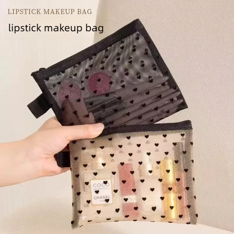 New Flocked Heart Mesh Makeup Bag, Portable Cosmetic Storage Pouch, Simple Stylish See-through Mesh Cosmetic Organizer