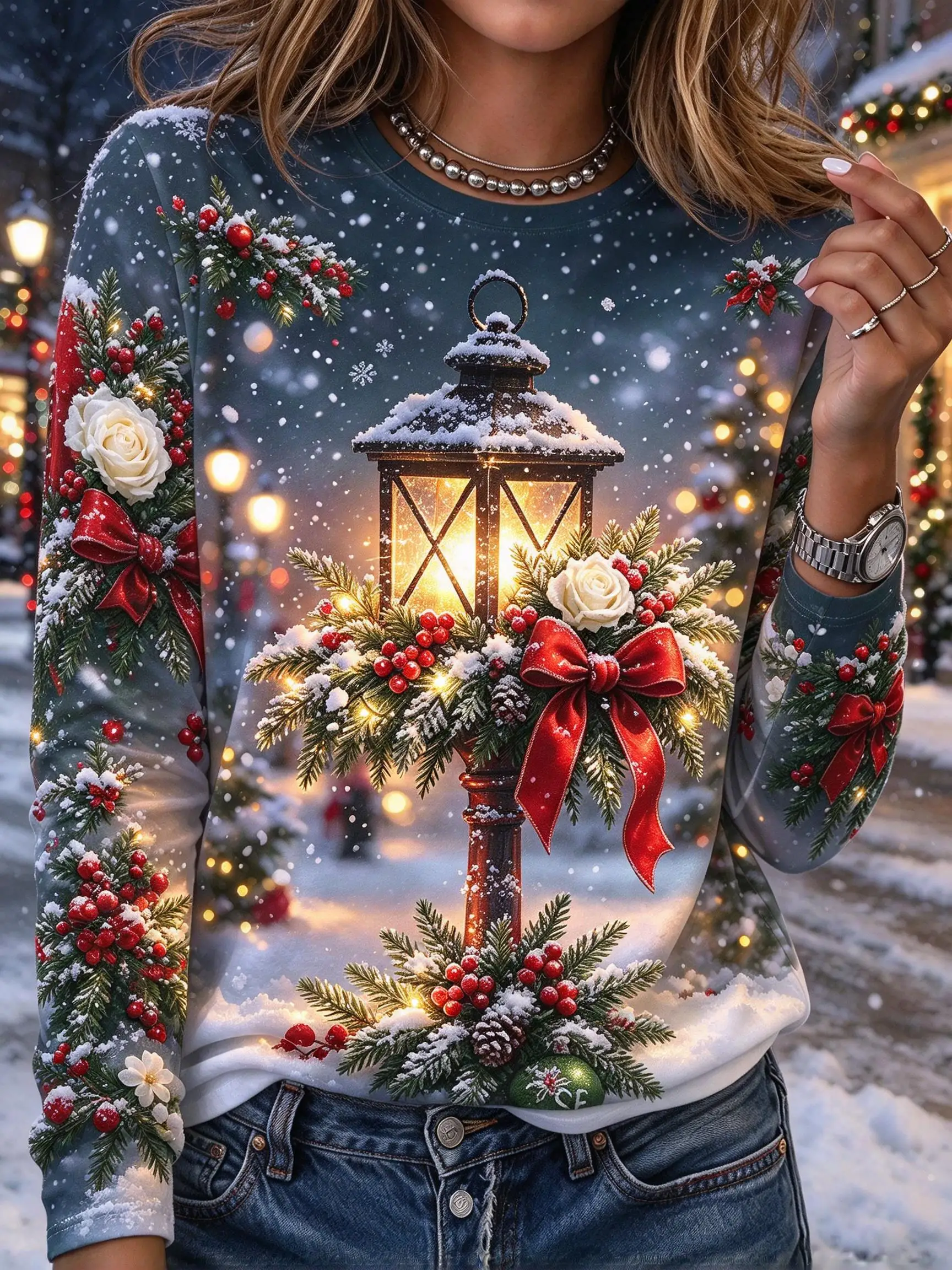 Winter Snow Christmas Scenery Print Women Long Sleeve Tee Candle Lantern Gift Sleigh Xmas Bow Crew Neck Top