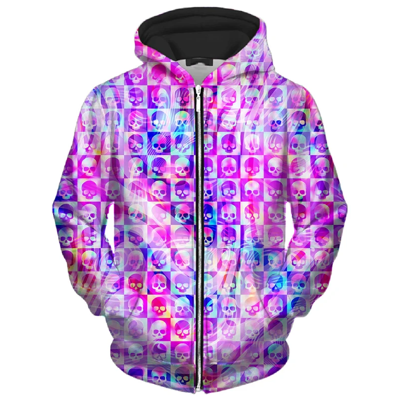 Color Gradient Skull Series Zip Up Hoodie Harajuku Street Personality Hooded Coat 3D Printed Vintage Streetwear 2025 New Hoodies
